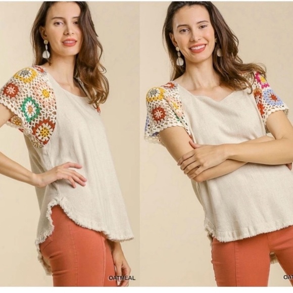 Umgee Tops - UMGEE Frayed Hem Linen Blend Colorful Crochet Sleeve Boho Tunic Top Size Small